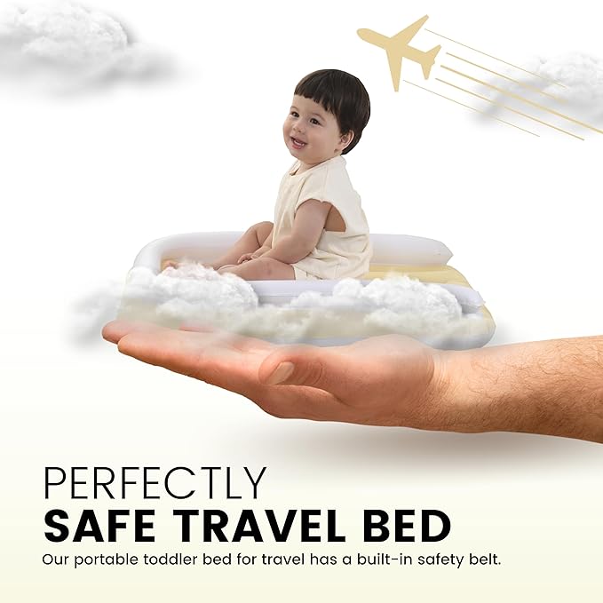 Gembebe Safe and Convenient Traveling with Inflatable Toddler Airplane Bed - Includes Hand Pump, Equipped with Seat Belt, Comes with Carry Bag, BPA-Free Material, Perfect for Airplane Travel (Yellow)