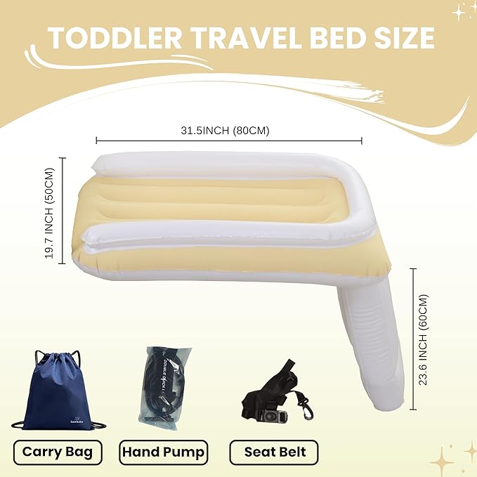 Gembebe Safe and Convenient Traveling with Inflatable Toddler Airplane Bed - Includes Hand Pump, Equipped with Seat Belt, Comes with Carry Bag, BPA-Free Material, Perfect for Airplane Travel (Yellow)